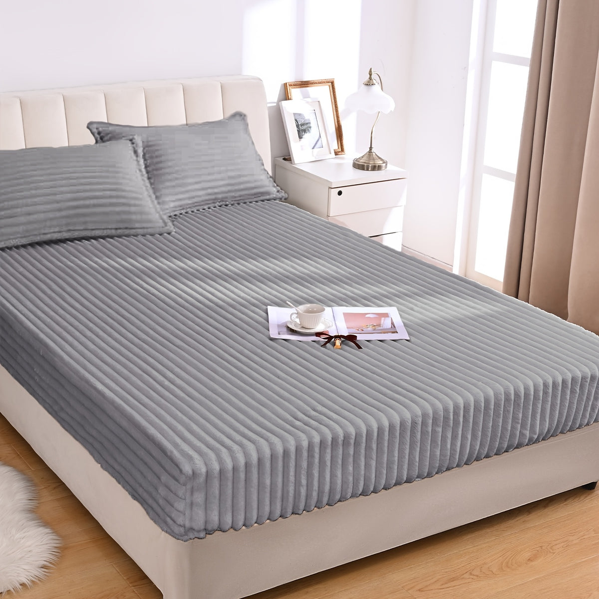Fuzzy Fleece Fitted Sheet Plush Warm Winter Bedding Stripe Rabbit Fur Soft Thickened Bed Cover Machine Washable Twin Queen King Dark Gray Beige Space Gray