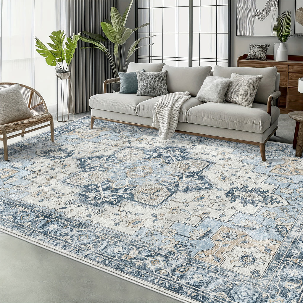 Vintage Retro Area Rug – Machine Washable Non-Slip Low Pile Chenille Print Carpet for Living Room, Bedroom, Dining Room & Home Office, Blue, Multiple Sizes