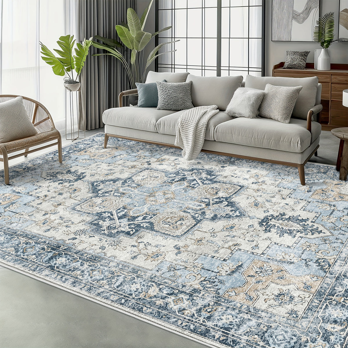 Vintage Retro Area Rug – Machine Washable Non-Slip Low Pile Chenille Print Carpet for Living Room, Bedroom, Dining Room & Home Office, Blue, Multiple Sizes