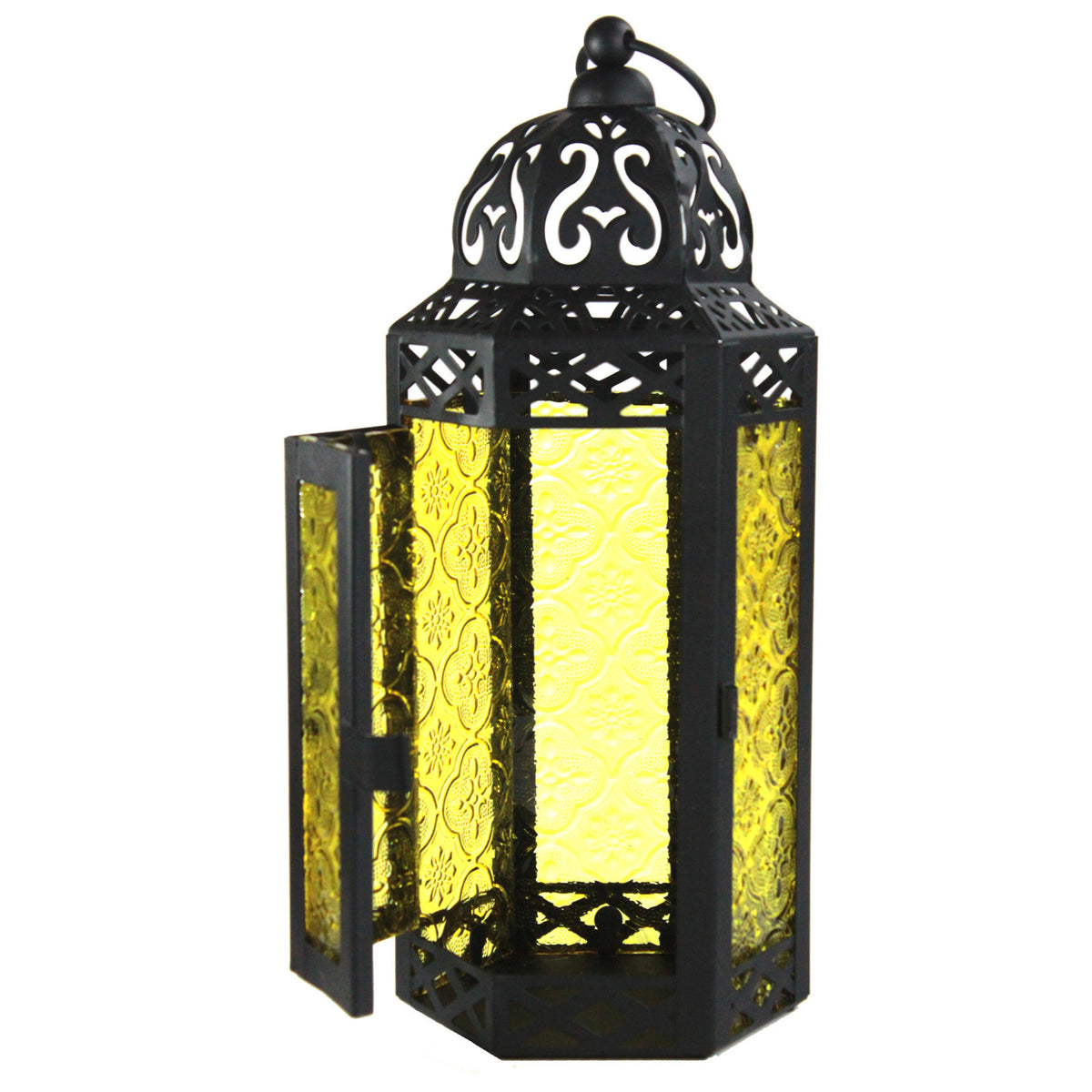 Moroccan Candle Lantern Holder Medium 10.5 Inch – Handcrafted Glass Iron Metal Lantern with Embossed Floral Panels, 17 Colors, Indoor Outdoor Use for Ramadan, Wedding, Patio, Diwali & Home Decor