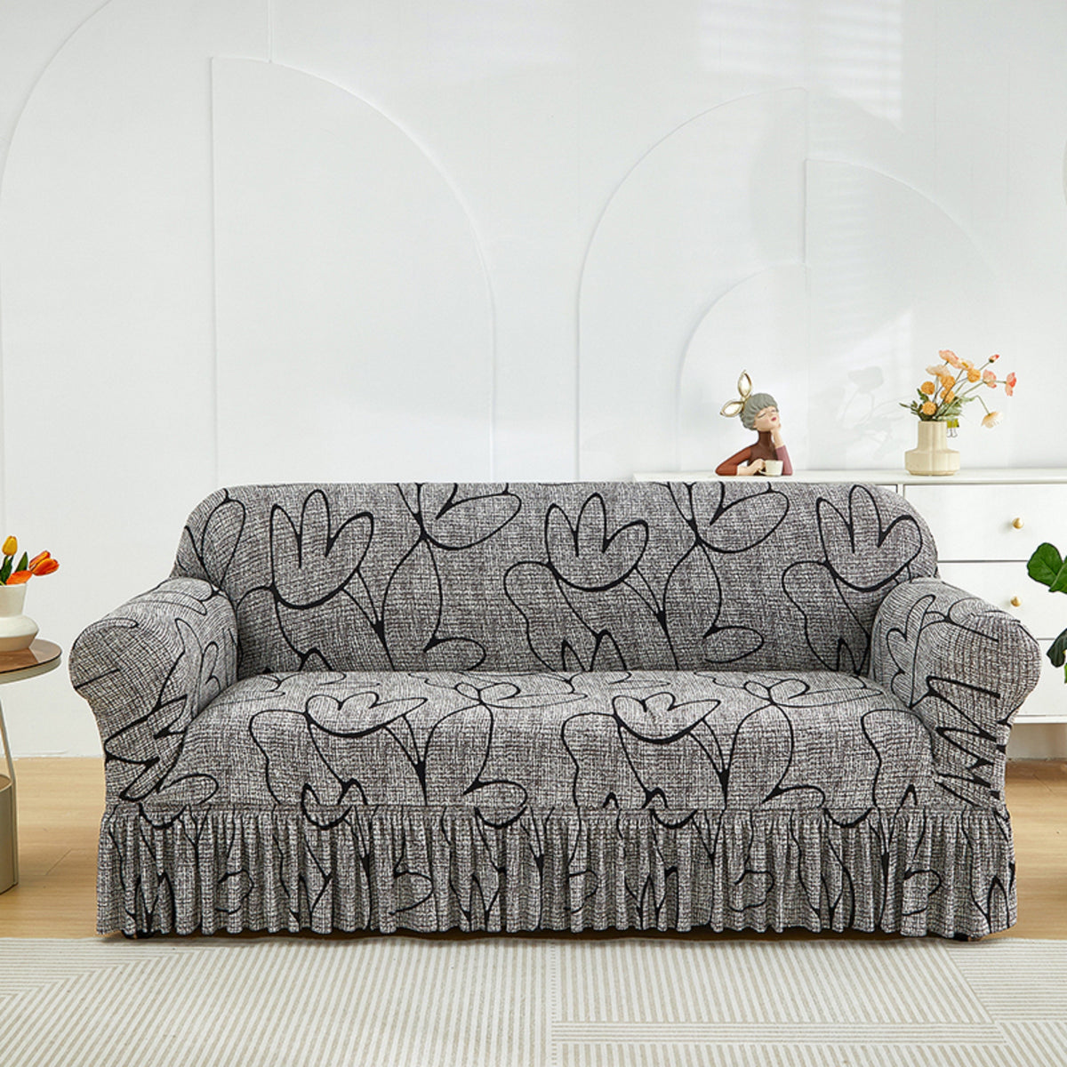 Elastic Sofa Cover with Printed Skirt - Universal Stretch Couch Slipcover Furniture Protector 2 3 4 Seater Living Room Bedroom Office All Seasons