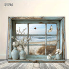 Beach View Window Canvas Wall Art with Butterflies & Flowers, Vintage Beach Scene Wooden Framed Print for Living Room, Bedroom, Kitchen & Home Office – 16x20in or 20x24in