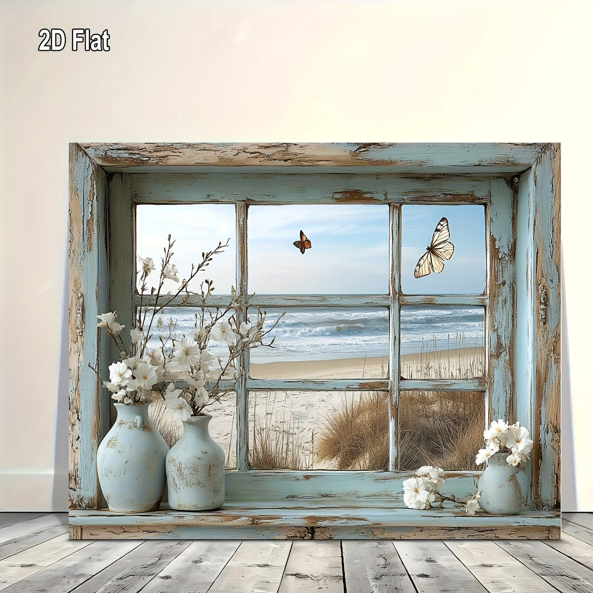 Beach View Window Canvas Wall Art with Butterflies & Flowers, Vintage Beach Scene Wooden Framed Print for Living Room, Bedroom, Kitchen & Home Office – 16x20in or 20x24in