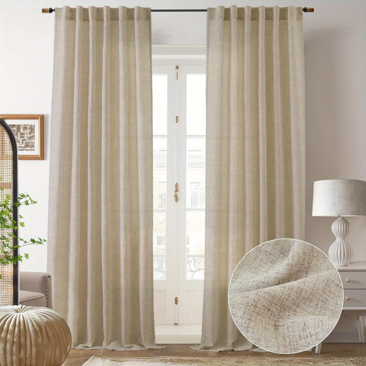 Linen Semi-Sheer Curtains 2 Panels Real Flax Light Filtering Drapes - Boho Farmhouse Window Curtains for Living Room Bedroom, 10 Colors Multiple Lengths Privacy Window Treatment