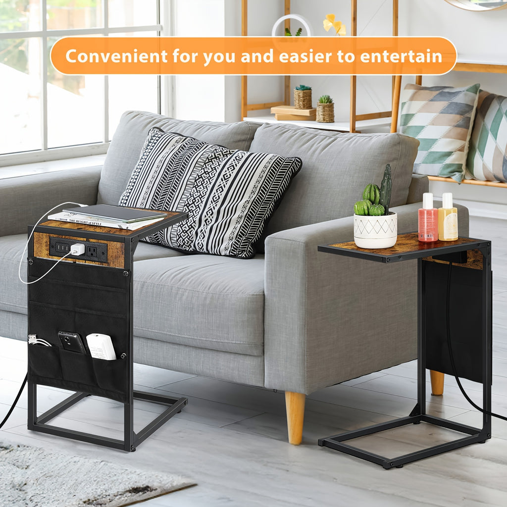 C-Shaped End Table with Charging Station – Sofa Side Table, 50LBS Capacity, Slides Under Sofa, Snack & Laptop Table for Living Room Bedroom (1pc/2pcs, w/wo Storage Bag)