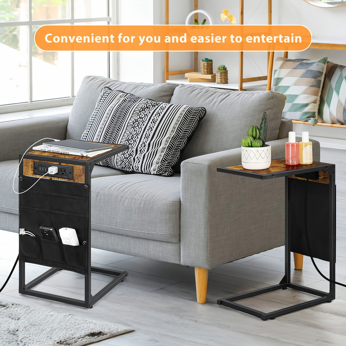 C-Shaped End Table with Charging Station – Sofa Side Table, 50LBS Capacity, Slides Under Sofa, Snack & Laptop Table for Living Room Bedroom (1pc/2pcs, w/wo Storage Bag)