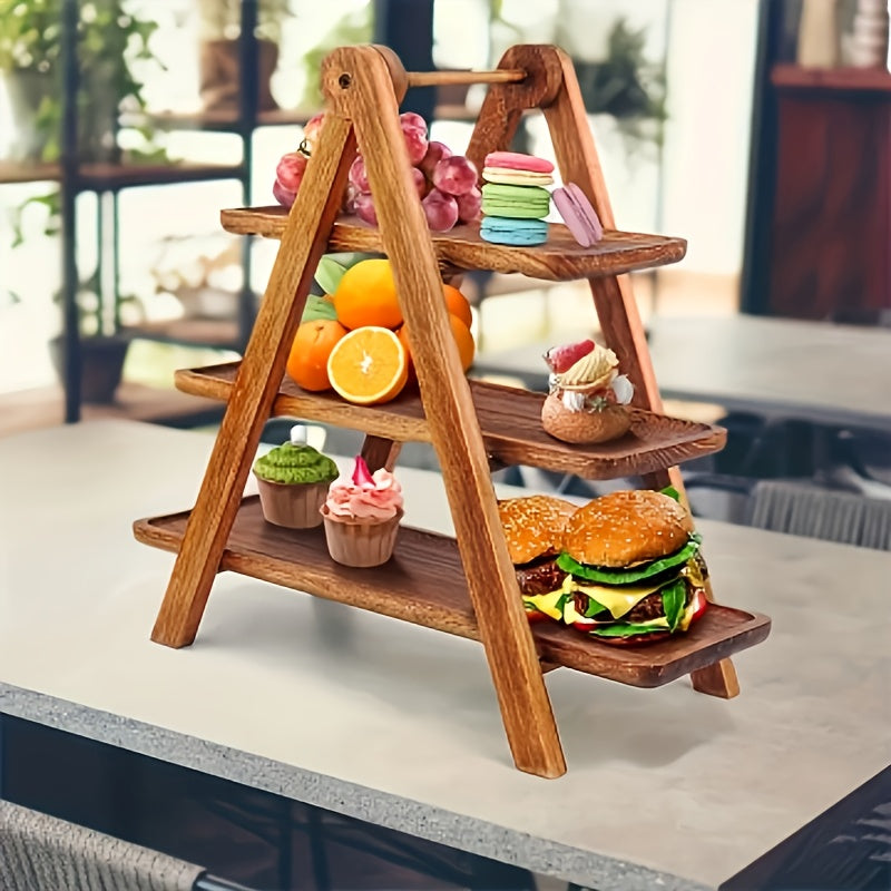 3 Tier Wood Dessert Stand Foldable Natural A-Frame Tray for Wedding Party Home Hotel Restaurant Event Cupcake Cake Display Sturdy Serving Stand