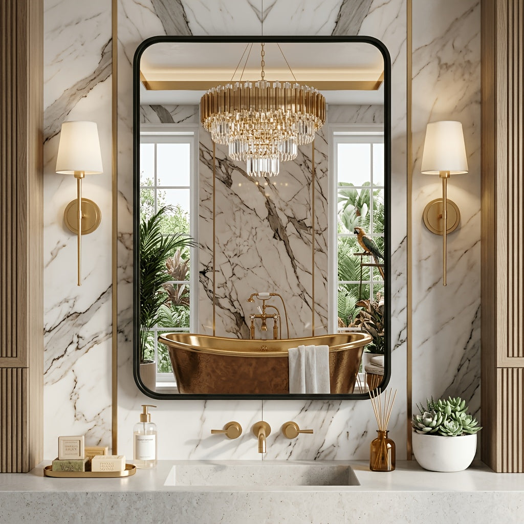 Metal Framed Rounded Rectangle Wall Mirror for Bathroom – Over Sink, Horizontal or Vertical Hanging, Modern Farmhouse Decor, Matte Black, Gold & Silver, Multiple Sizes 16x20 to 36x48 In