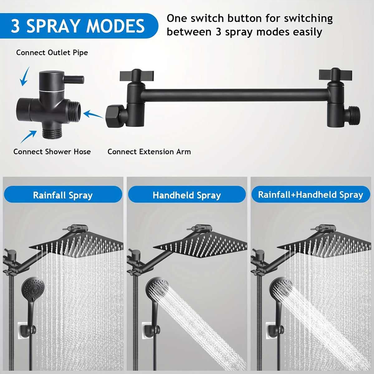3-Way Rain Shower Head System Dual Heads with Handheld Spray High Pressure Extension Arm 8 10 12 Inch Black Chrome