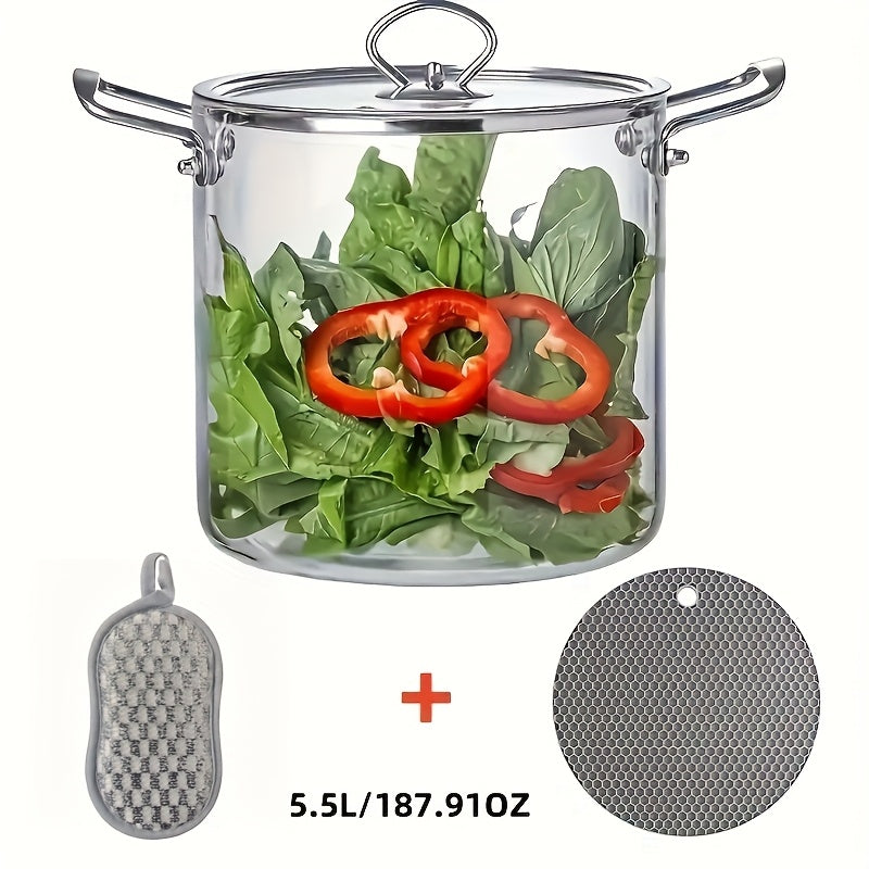 Stainless Steel Handle Glass Pot with Lid – Non-Stick Heat-Resistant Soup Stew Pot, Induction & Electric Ceramic Stove Compatible, 3.5L or 5.5L, Includes Insulation Pad & Scouring Pad