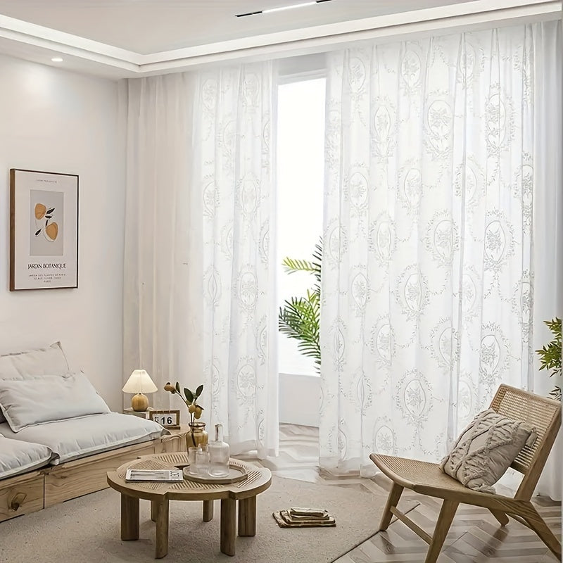 French Lace Curtains 2 Panels - Romantic European Retro Embroidery Floral Semi-Sheer Rod Pocket Drapes, 57" Wide Light Filtering Window Curtains for Living Room Bedroom Balcony, White Green Black