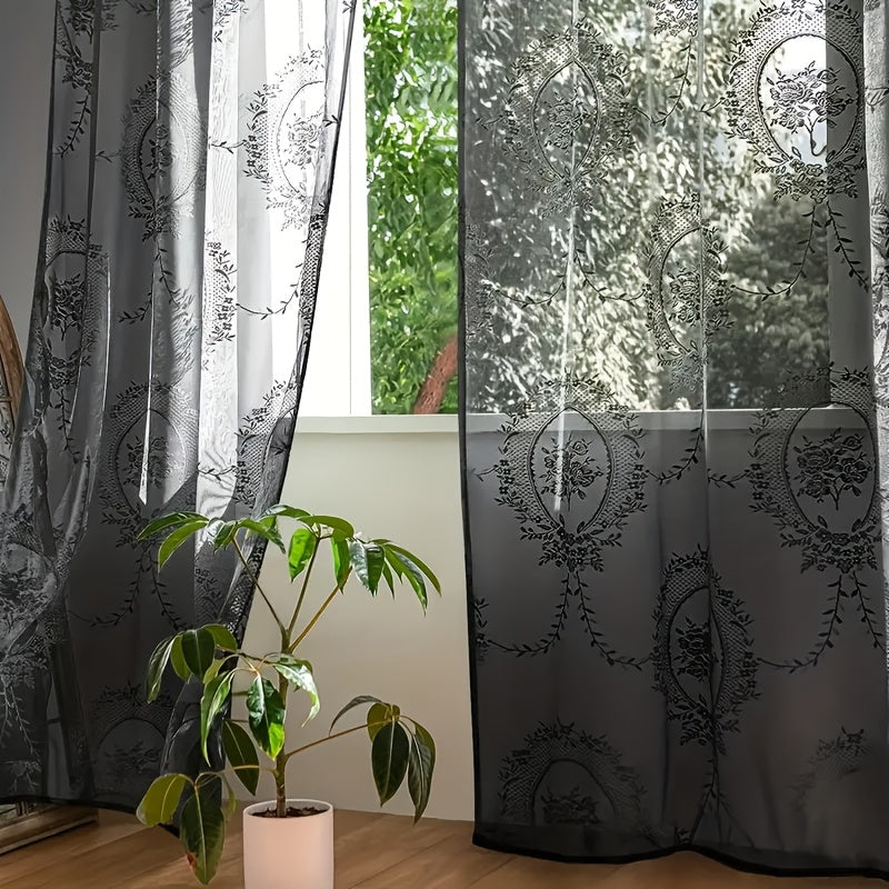 Lace Embroidery Sheer Curtain Rod Pocket Floral for Bedroom, Living Room & Wedding – Machine Washable Unlined Polyester, Glam Decor, 4 Sizes