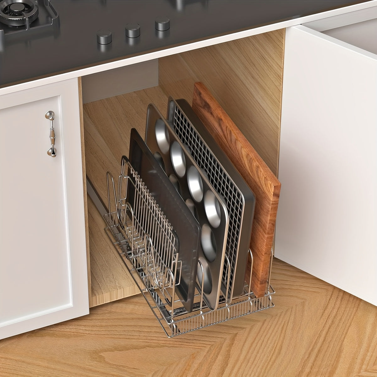 Pots & Pans Organizer Rack for Under Cabinet – 10 Adjustable Dividers, Pull-Out Chrome Steel, for Pot Lids, Cutting Boards & Bakeware, 11” W × 17.5” D × 8.3” H