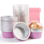 Aluminum Foil Cupcake Liners with Lids & Spoons - 50 Pack, 5oz Disposable Muffin Cups for Oven, Microwave & Air Fryer, Party Baking Cups for Christmas, Weddings & Birthdays, Pink & Grey