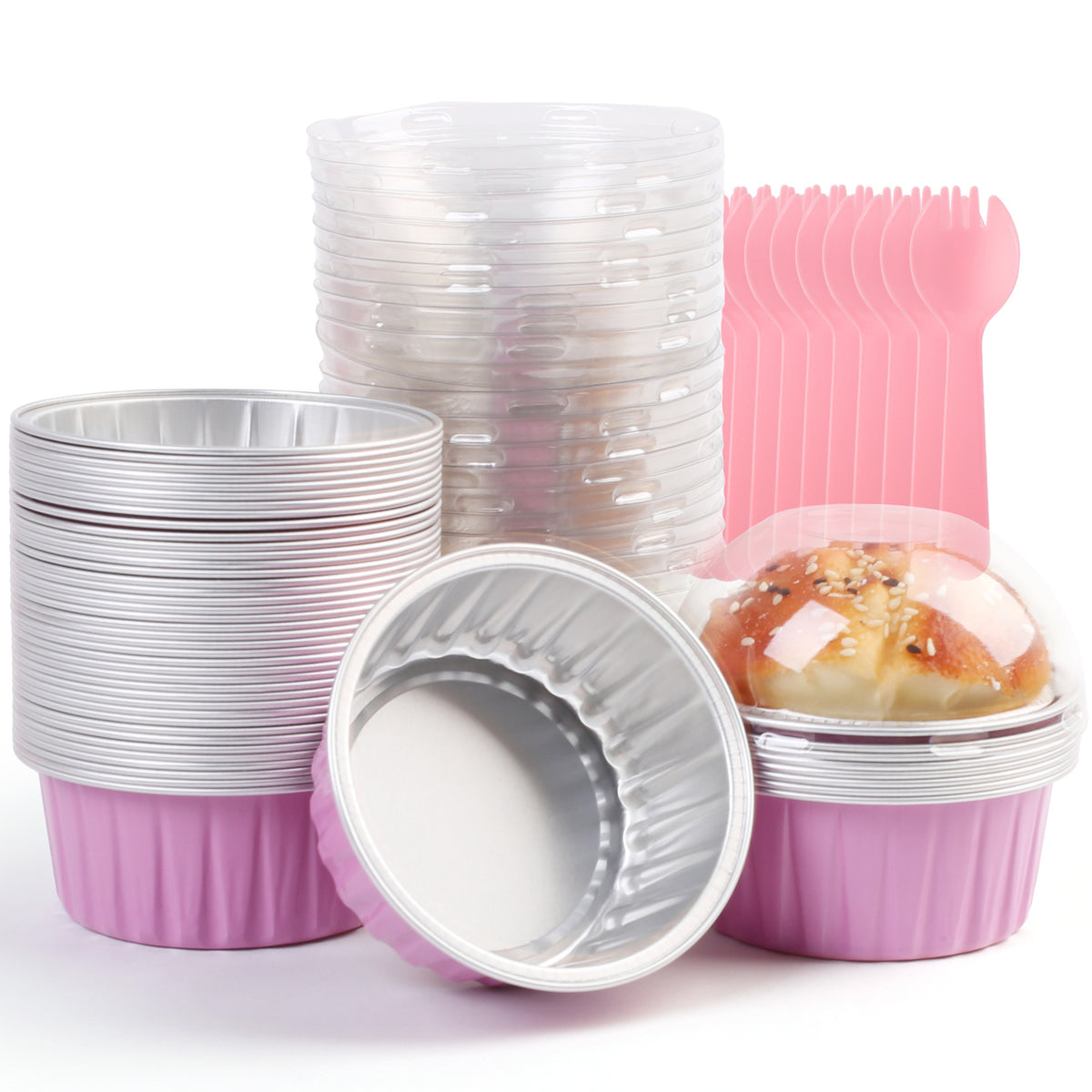 Aluminum Foil Cupcake Liners with Lids & Spoons - 50 Pack, 5oz Disposable Muffin Cups for Oven, Microwave & Air Fryer, Party Baking Cups for Christmas, Weddings & Birthdays, Pink & Grey
