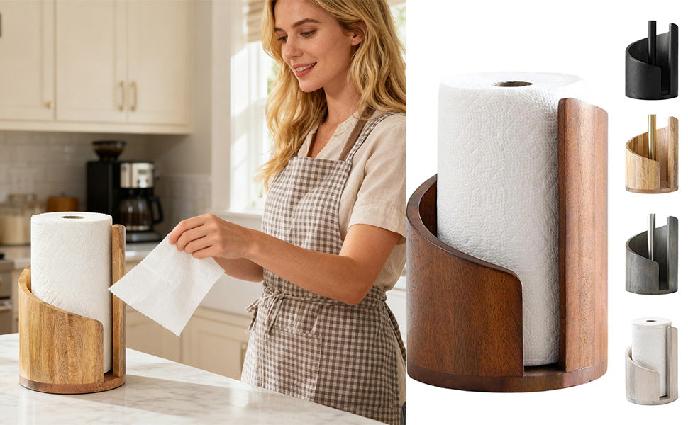 Paper Towel Holder Countertop - Mountain Design with Mango Wood Round Base & Iron Stand, No Tools Required, Kitchen Counter Organizer in Black, Gray, White, Blue & Natural