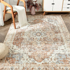 Washable Vintage Area Rug - Chenille Retro Distressed Multi-Print Foldable Lightweight Accent Rug for Entryway Bathroom Kitchen Living Room and Bedroom
