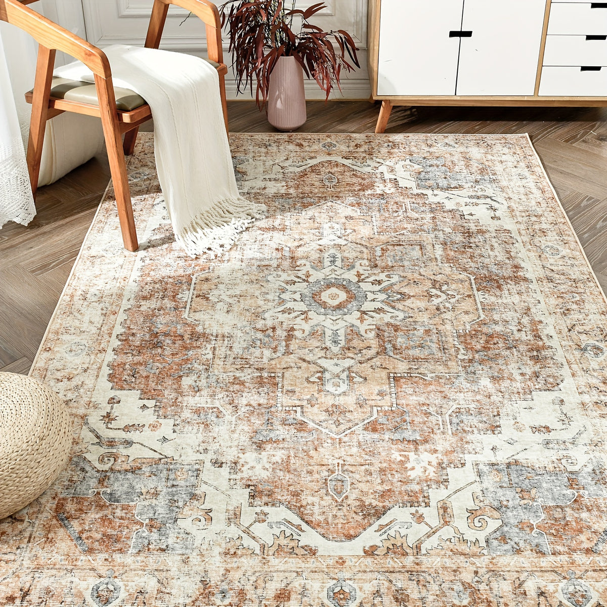 Washable Vintage Area Rug - Chenille Retro Distressed Multi-Print Foldable Lightweight Accent Rug for Entryway Bathroom Kitchen Living Room and Bedroom