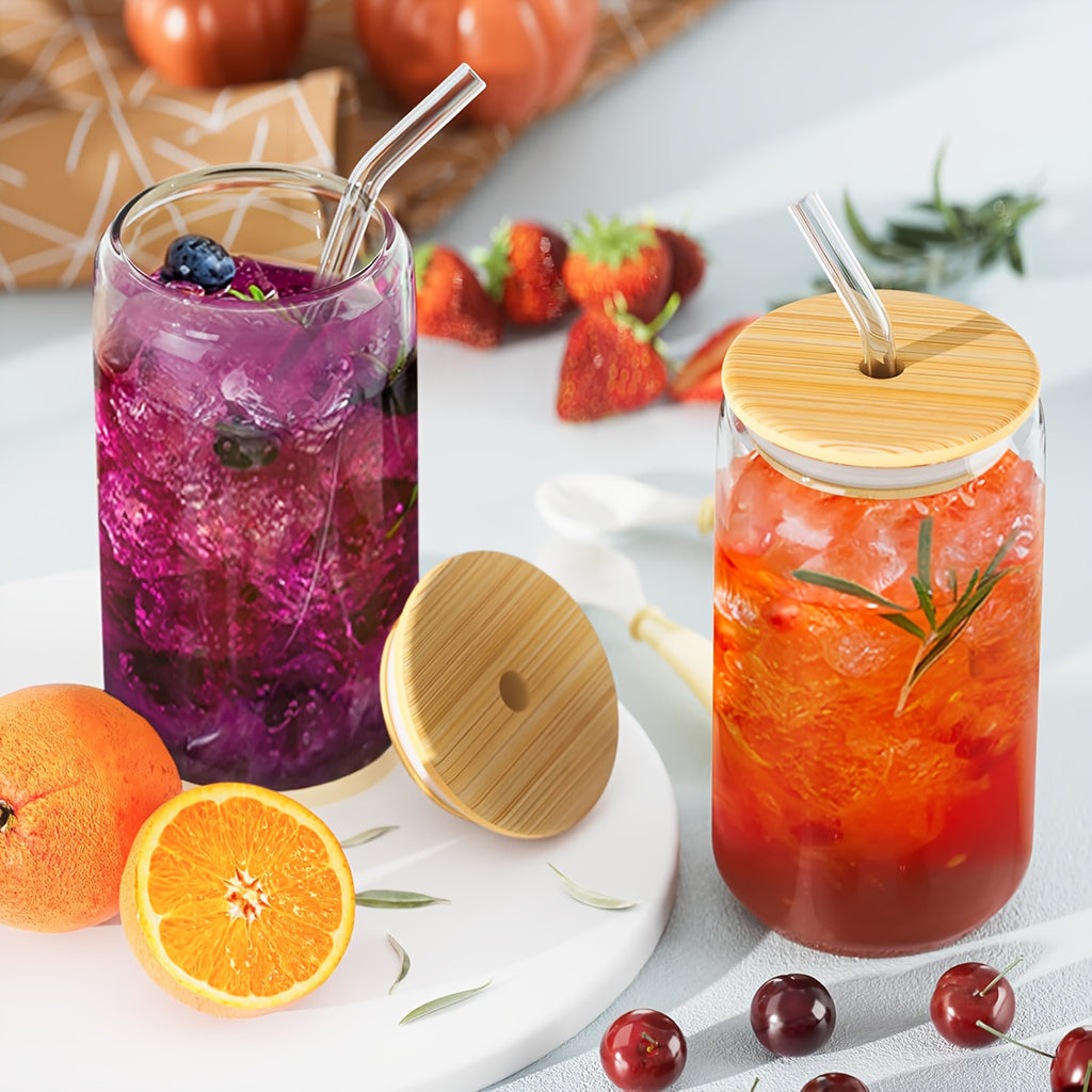 Glass Cup Set with Bamboo Lids & Glass Straws – American Style Drinking Glasses for Coffee, Water & Parties | 4/8/12/16-Piece | 2 Cleaning Brushes Included