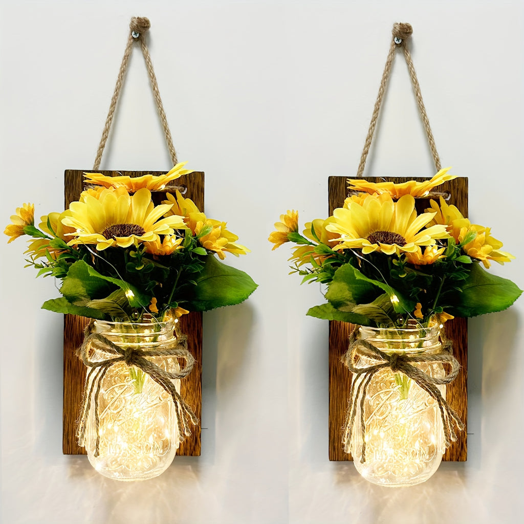 Sunflower Mason Jar Wall Lamp Set of 2 – DIY Artificial Flower Night Light Atmosphere Lamp for Party, Holiday & Home Decoration
