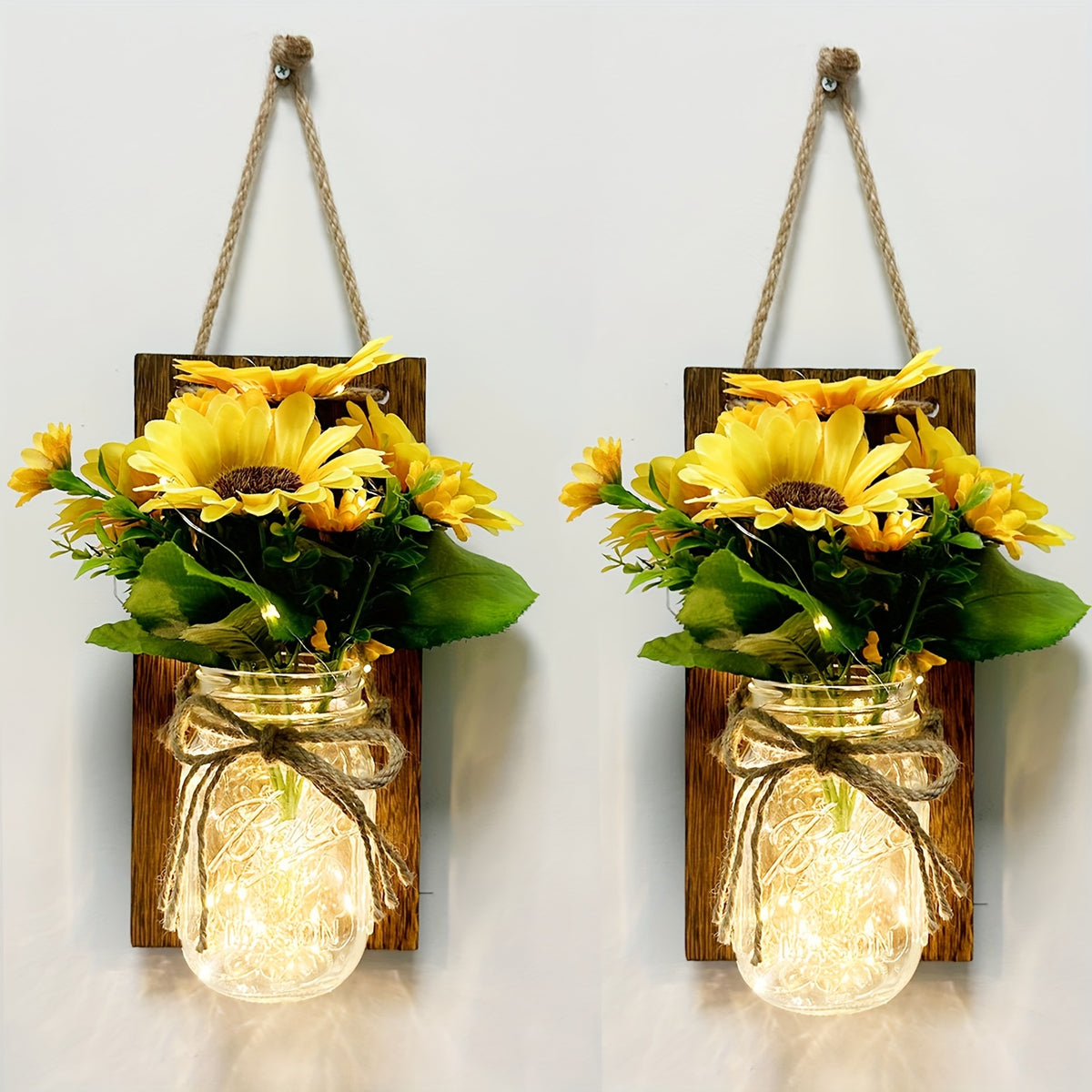 Sunflower Mason Jar Wall Lamp Set of 2 – DIY Artificial Flower Night Light Atmosphere Lamp for Party, Holiday & Home Decoration