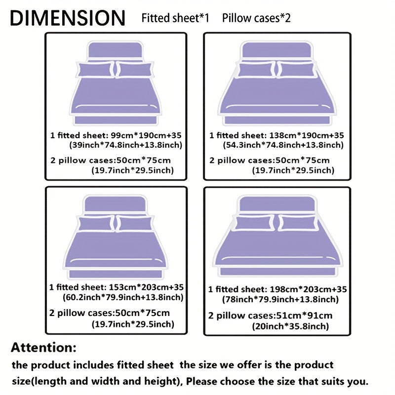 Tech Print Fitted Sheet Set 3 Piece - Digital Geometric Pattern Deep Pocket 15 Inch Bed Sheet with 2 Pillowcases Twin Full Queen King All Seasons