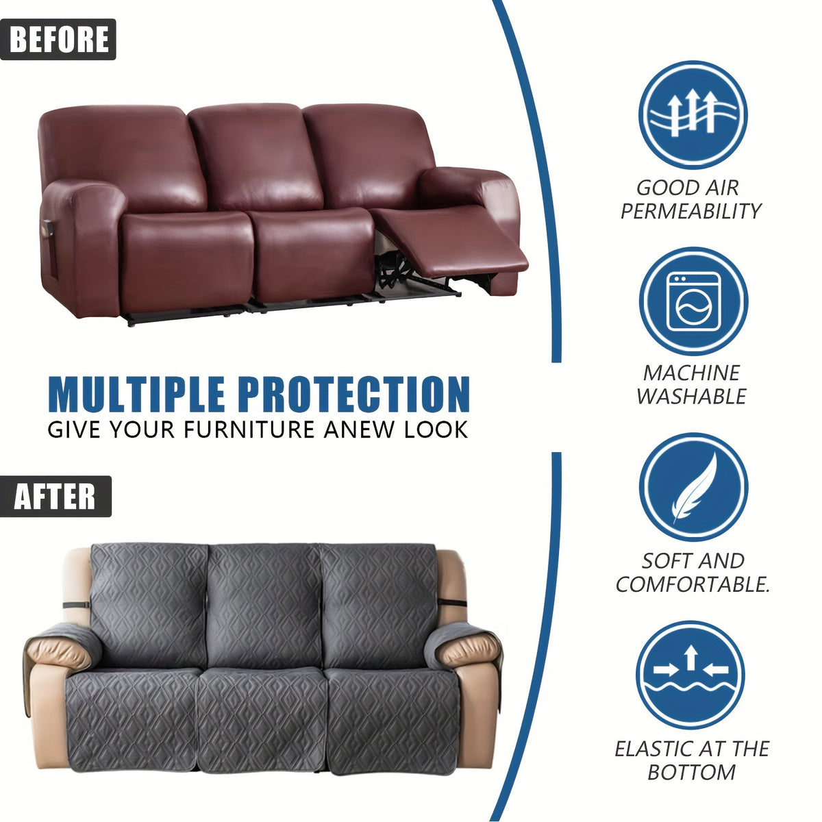 Recliner Sofa Cover Set 3-Piece Non-Slip Couch Covers for 3-Cushion Reclining Couch – Washable Furniture Protector with Elastic Straps for Pets & Dogs, Knit Fabric Slipcover for Living Room