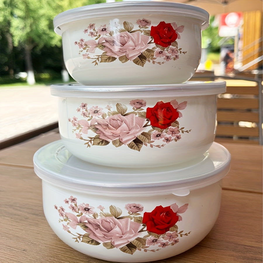 3-Piece Enamel Sealed Container Set with Lids – Fresh-Keeping Food Storage Bowls for Fruit, Vegetables, Soup & Salad | Lunch Box, School & Home | Rose & Floral Styles