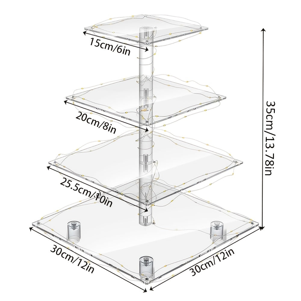 4-Tier Square Acrylic Cupcake Stand with LED Light Strip Holds 52 Cupcakes Dessert Display Tower for Weddings Birthdays Christmas Parties Graduations