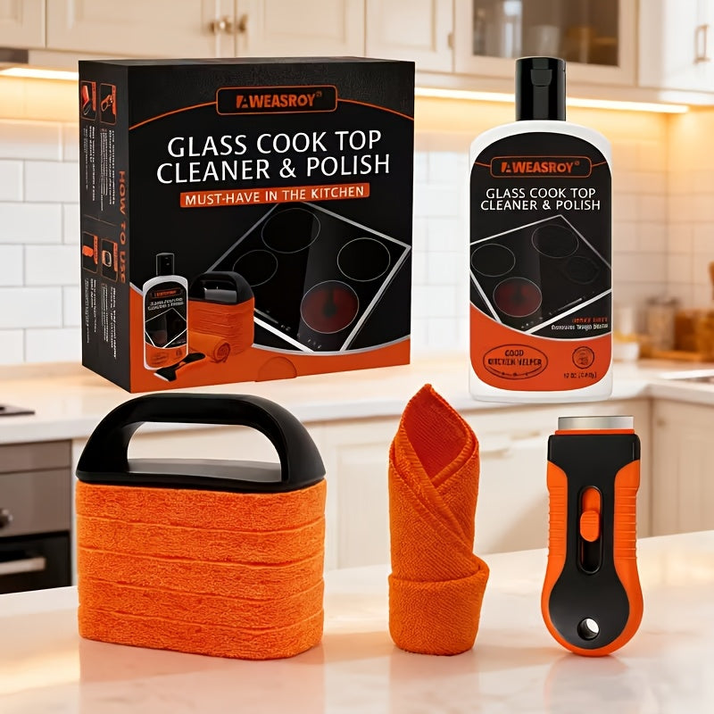 Glass Stove Top Cleaner Kit, 12oz Non-Abrasive Cooktop Cleaner & Polish – No-Scratch Formula, Removes Tough Stains, with Scrubbing Pad, Scraper & Cloth