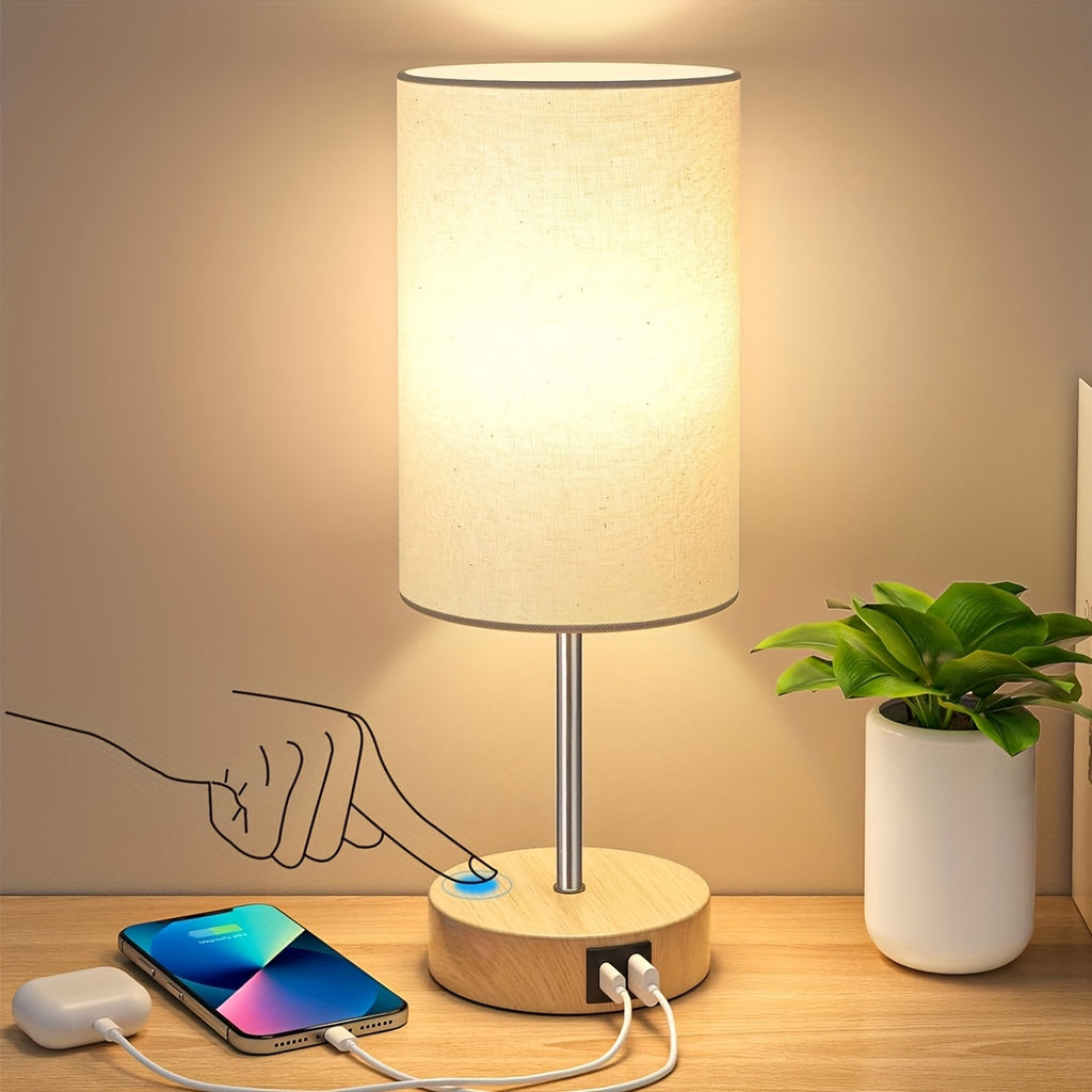 Dimmable Touch Bedside Table Lamp with Wood Base & USB-C Port – 3-Way Touch Control, Round Burlap Shade, A19 LED Bulb Included, 1/2 Pack