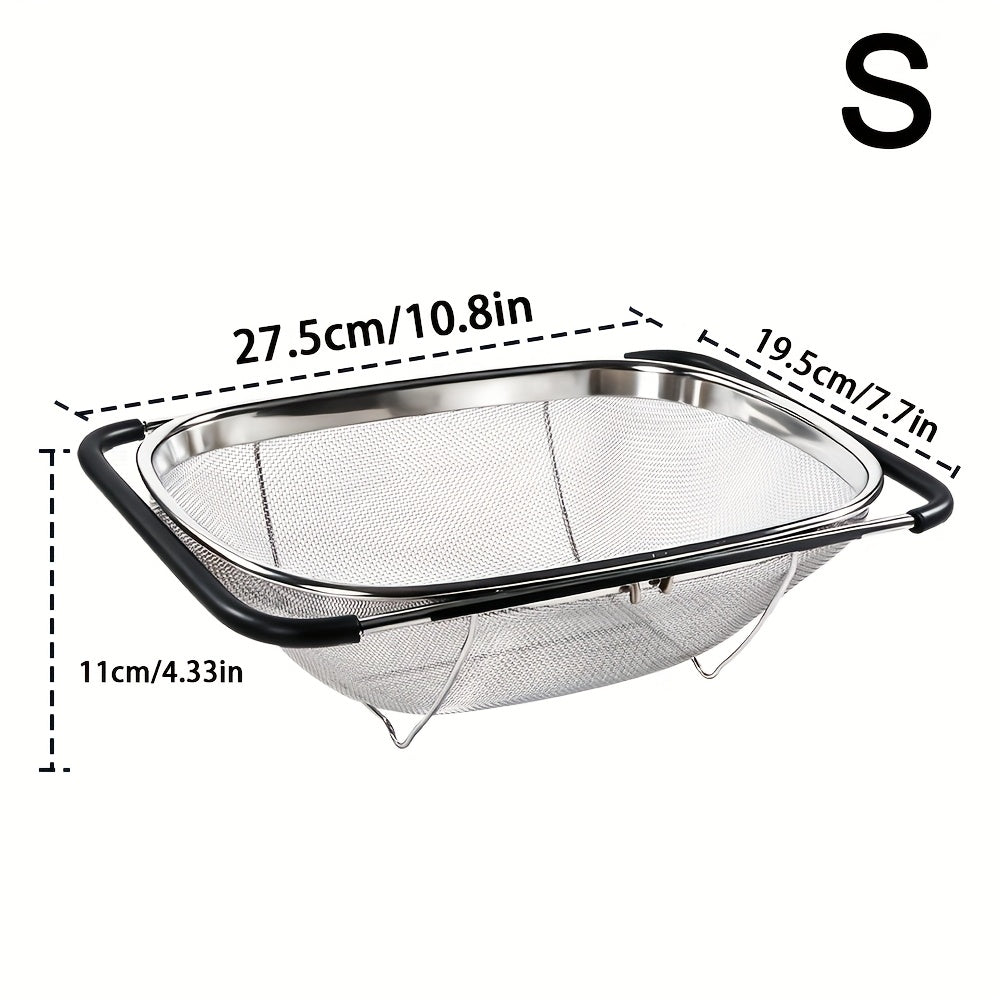 Expandable Over-the-Sink Stainless Steel Colander Strainer Basket – Fine Mesh with Rubber Grip for Draining Vegetables, Fruits & Pasta, Adjustable Sink Strainer, Small or Large
