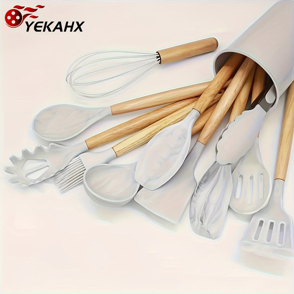 Silicone Kitchen Utensil Set 12 Piece with Wooden Handles - Non-Stick Heat Resistant Cooking Tools for Home, Dorm & Baking, Colorful Kitchen Gadgets Gift Set