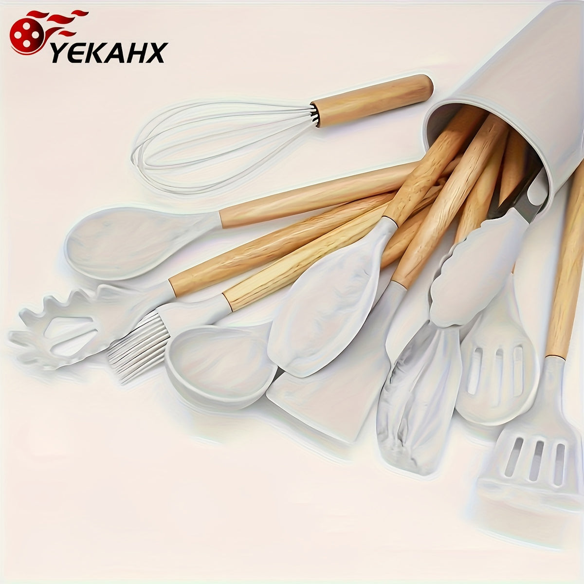Silicone Kitchen Utensil Set 12 Piece with Wooden Handles - Non-Stick Heat Resistant Cooking Tools for Home, Dorm & Baking, Colorful Kitchen Gadgets Gift Set