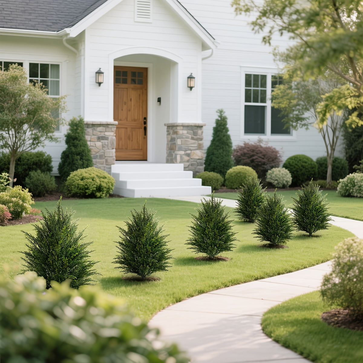 Artificial Cedar Topiary Ball Trees 2 Set UV Resistant Fake Cypress Evergreen Shrub with Ground Spike Faux Plant for Outdoor Porch Garden Yard Indoor Home Decor