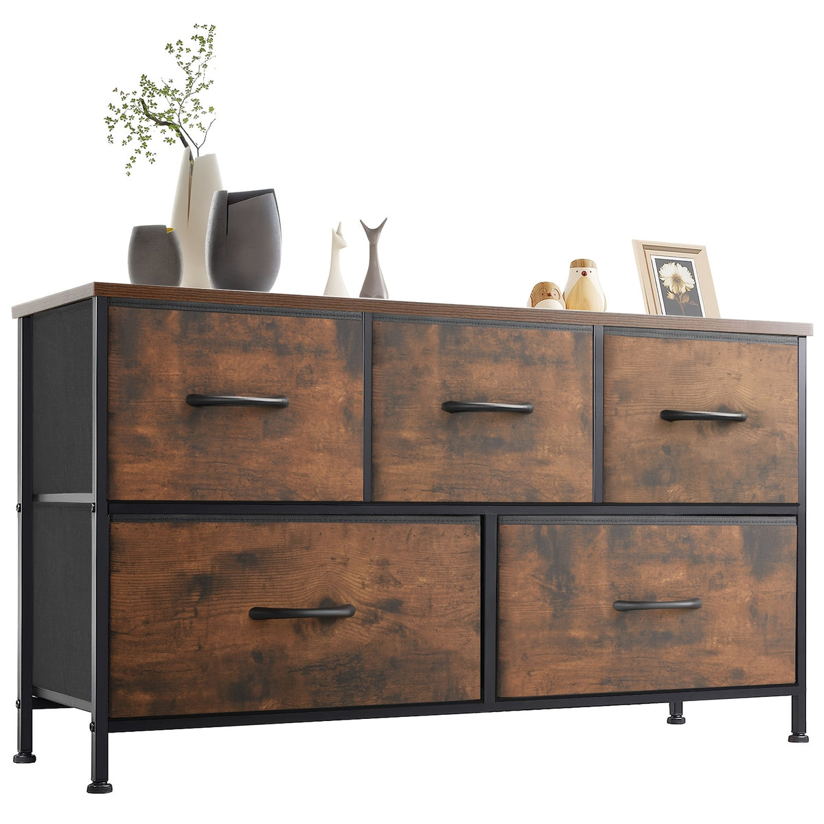 5-Drawer Wide Dresser with Fabric Bins – Freestanding Wood Frame Chest of Drawers, Low Profile Compact Storage Organizer for Bedroom, Hallway, Living Room & Closet, Space-Saving Furniture in Khaki/Green