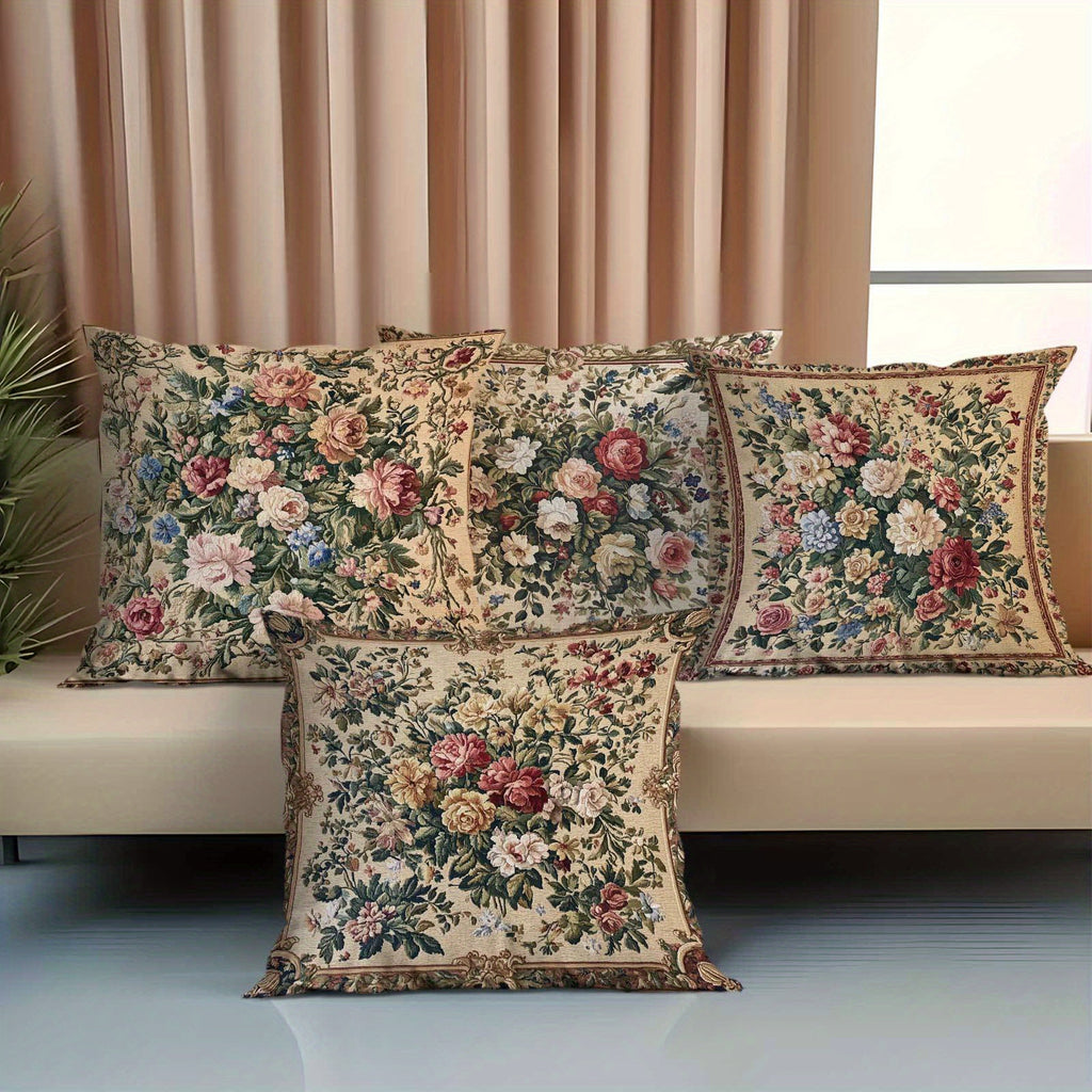 Vintage Floral Pillow Covers Set of 4 | Soft Decorative 18x18 Inch Cushion Cases with Zipper for Living Room Bedroom Porch Patio Office — Classic Botanical Print