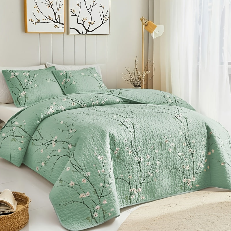 Plum Blossom Quilt Set 2 3 Piece - Soft Breathable Hypoallergenic Quilted Bedspread with Pillowcases Twin Full Queen King Machine Washable