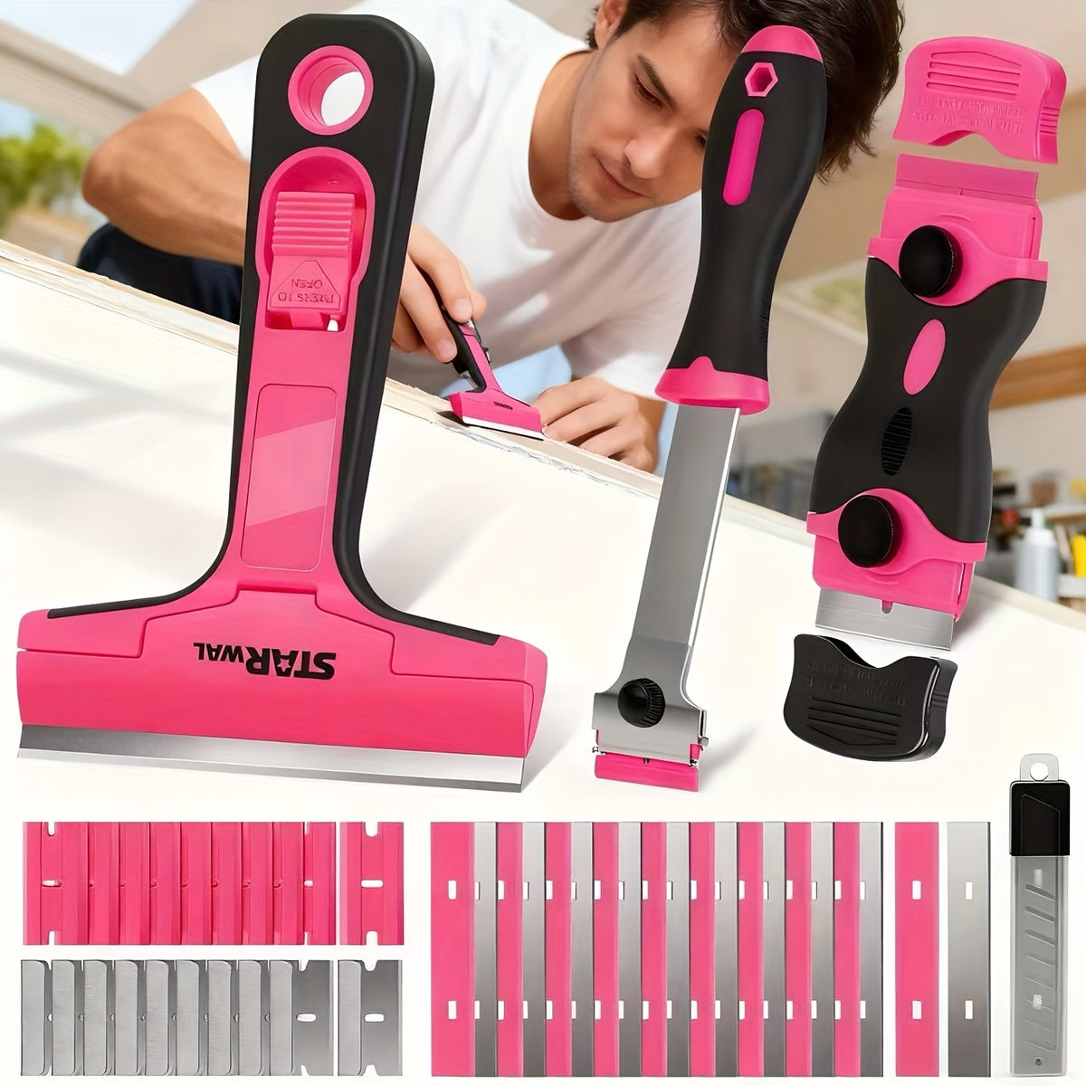 Razor Scraper Tool Set 3-in-1 with 40 Blades – Heavy-Duty Stainless Steel Multi-Surface Scraper for Stickers, Adhesive, Caulk & Glass