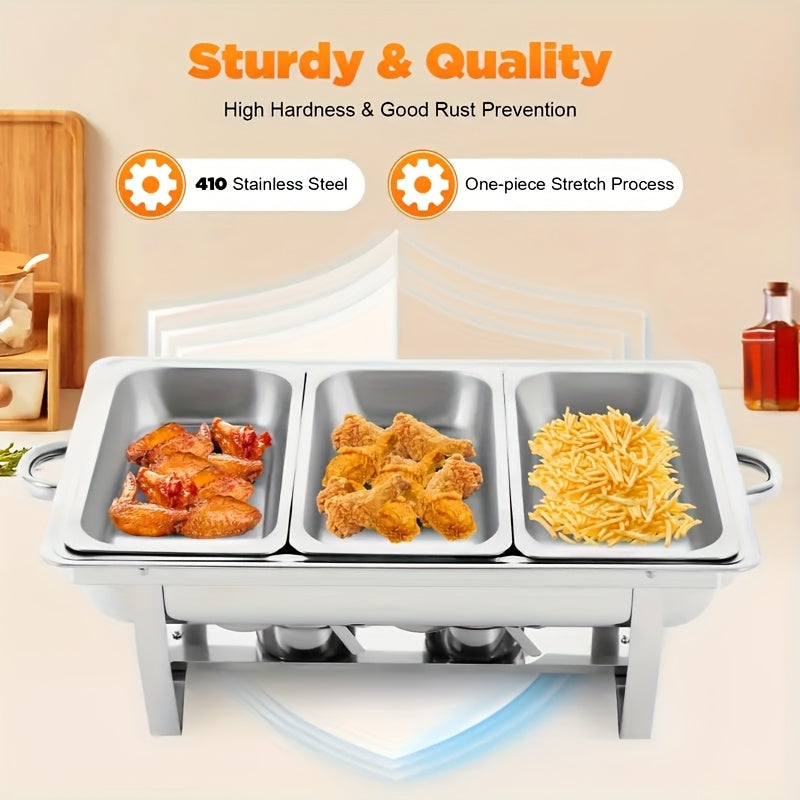 3-Compartment Buffet Food Warmer Chafing Dish Set with Water Tray, Cover & Baking Tray – Stainless Steel Party Server for Holidays, Birthdays & Catering Events