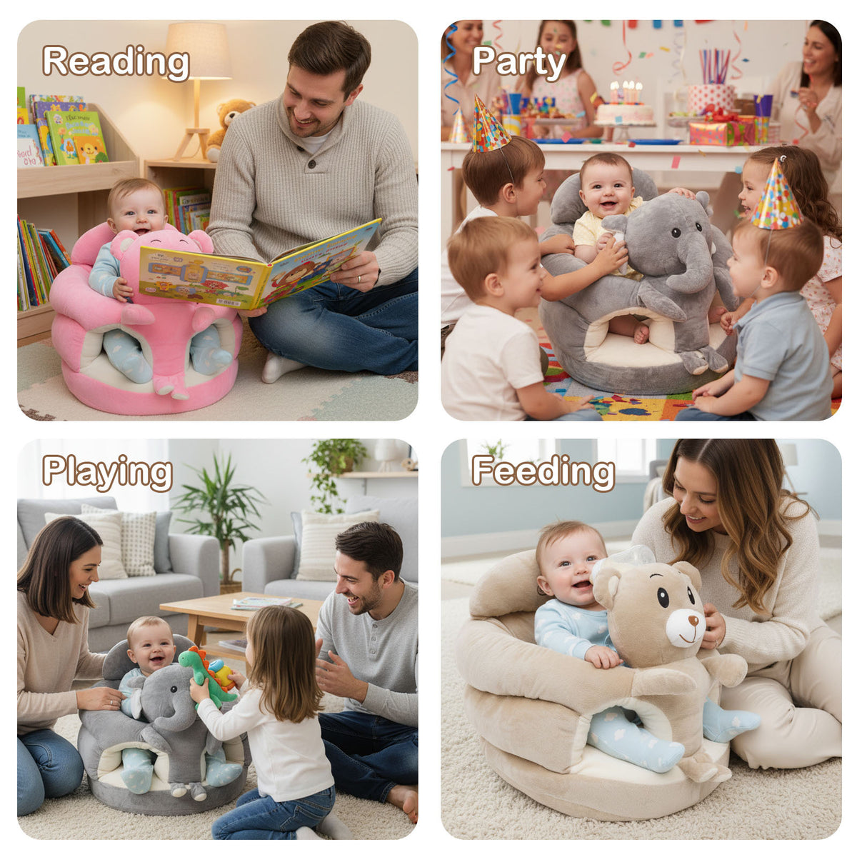 Baby Support Seat Plush Animal Infant Lounger – Ultra-Soft Cushioned Tummy Time Seat for Babies & Toddlers, Non-Toxic Fabric, No Assembly, Elephant Grey, Bear Pink & Bear Khaki