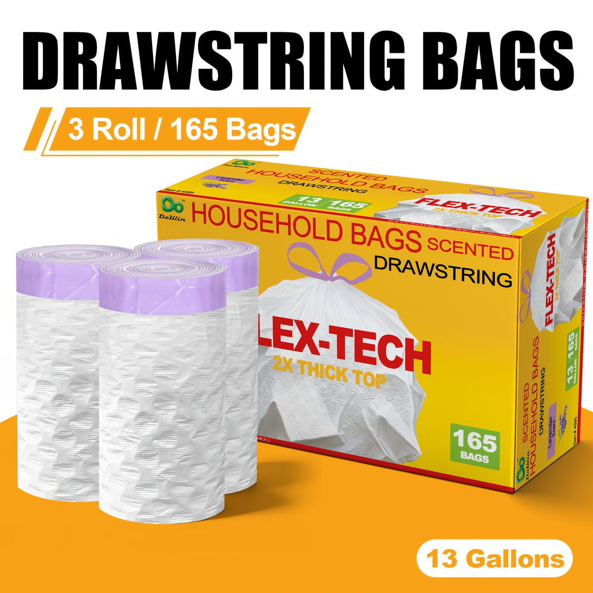 Lavender Scented Trash Bags 13 Gallon 55, 110 or 165 Count – Heavy-Duty Drawstring Garbage Bags, Expandable Leak-Proof Puncture-Resistant, Kitchen & Home Waste Bags White