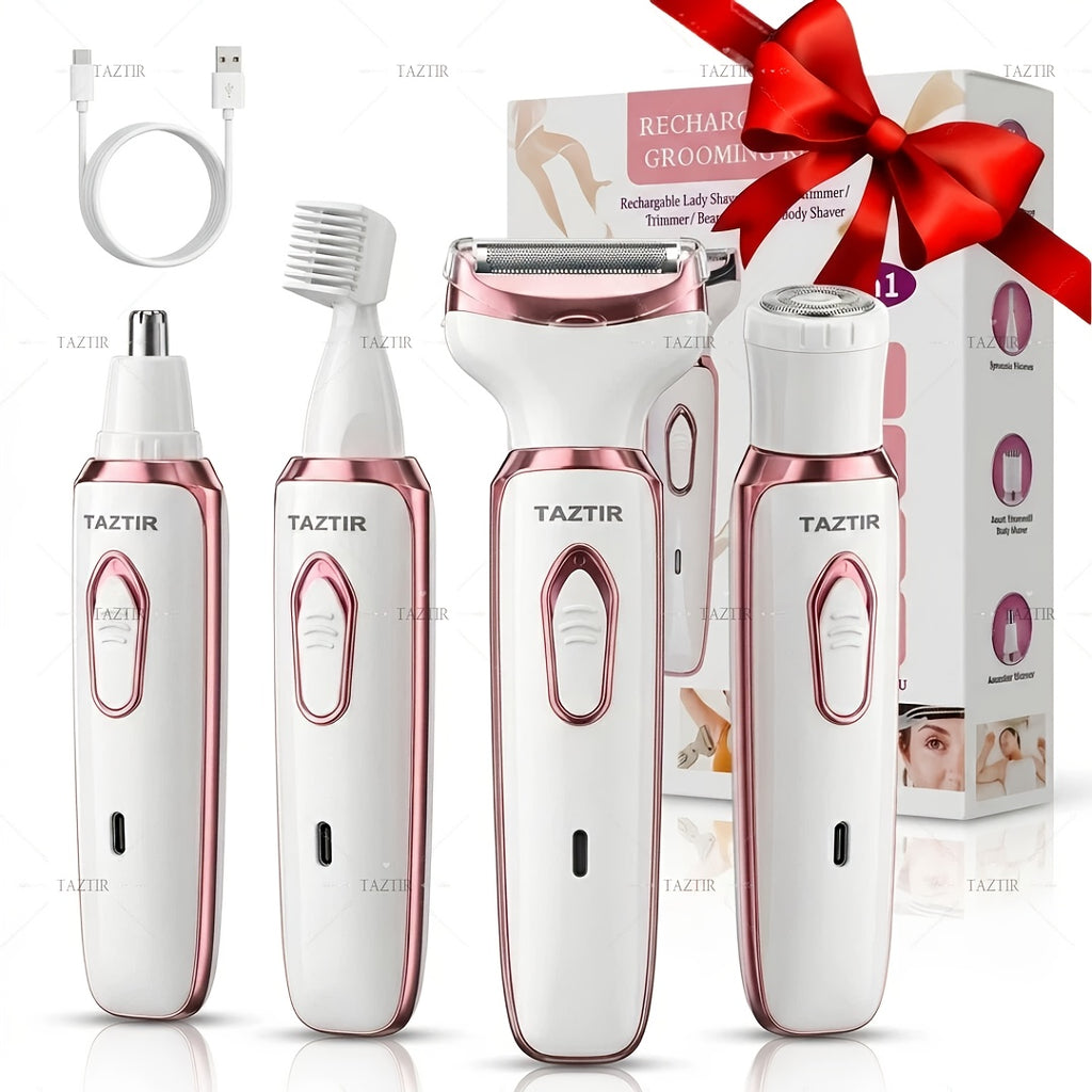 4-in-1 Electric Shaver for Women Rechargeable Grooming Kit Wet Dry Painless Lady Razor for Face Nose Legs Underarm Bikini Trimmer Luxury Gift Set