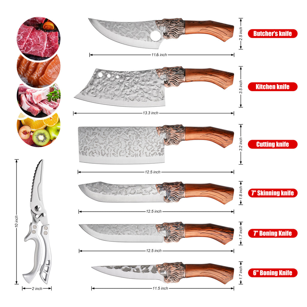 Professional Kitchen Knife Set with Forged Carbon Steel Blades, Full Tang Chef's, Meat, Carving & Cleaver Knives Plus Poultry Shears, Upgraded Version, Perfect Gift for Women & Home Cooks