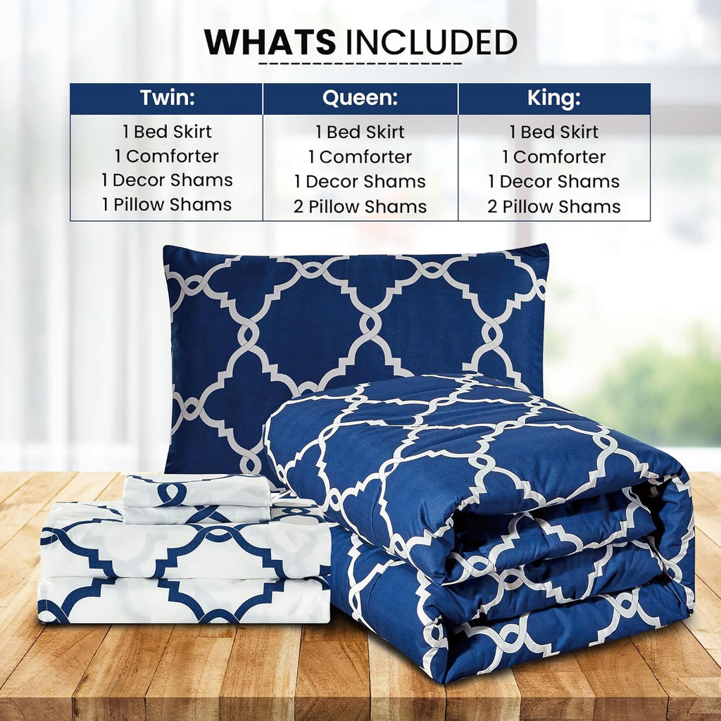 5-Piece Comforter Set – Reversible Quilted Down Alternative Bedding Set with Pillow Shams, Bed Skirt & Cushion | All Season | Twin, Queen, King