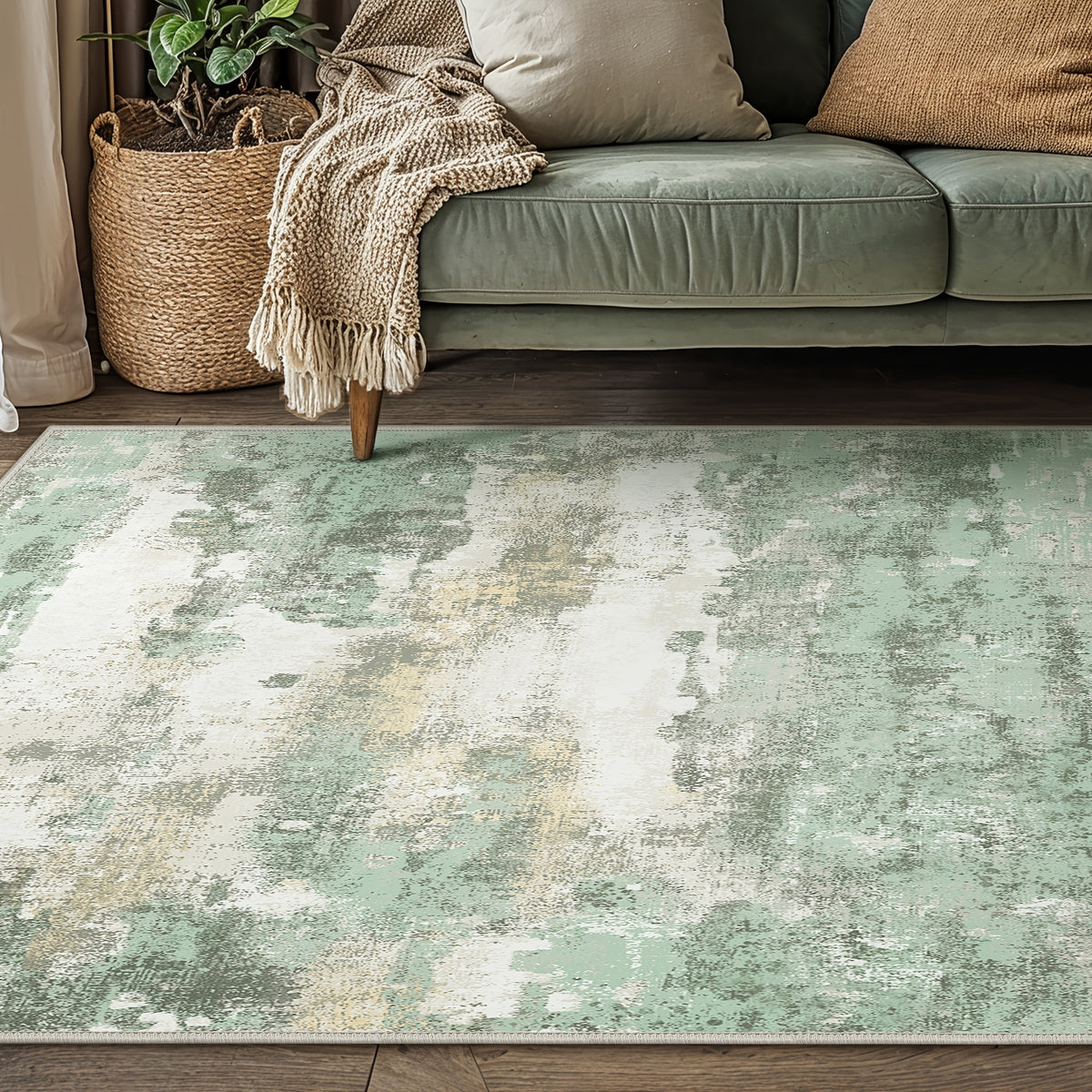 Modern Abstract Area Rug Low Pile Machine Washable Non-Slip for Living Room, Bedroom & Dining – Sage Green, Blue & Dark Grey, 4 Oversized Options