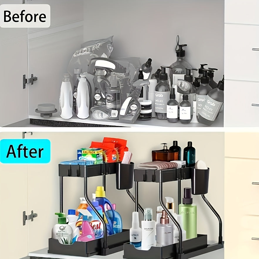 Under Sink Organizer 2-Tier Sliding Cabinet Basket with Hooks – Bathroom Kitchen Under Sink Storage Shelf Rack Organizer