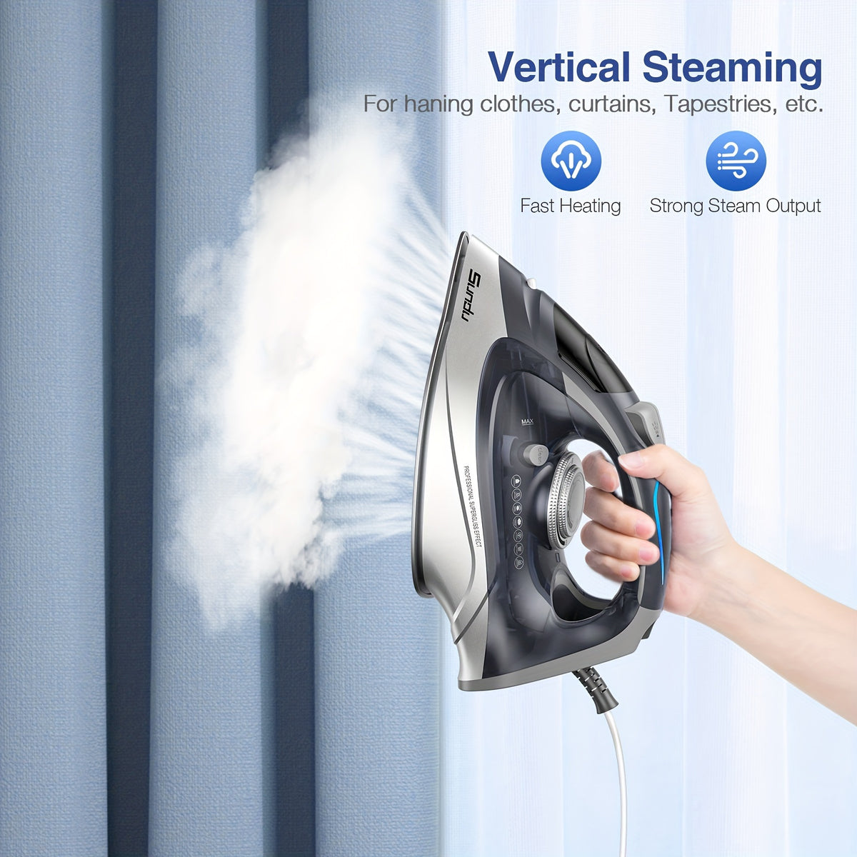 Ceramic Steam Iron 1700W Rapid Heating – Ceramic Coated Soleplate, Precise Thermostat Dial, Self-Cleaning, Auto-Off, 10.14oz Water Tank, Home Clothes Ironing, Grey