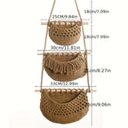 3-Tier Hanging Cotton Rope Basket - Boho Handwoven Wall Storage Organizer for Fruits, Vegetables & Essentials, Farmhouse Decor for Kitchen, Bathroom, Living Room & Bedroom