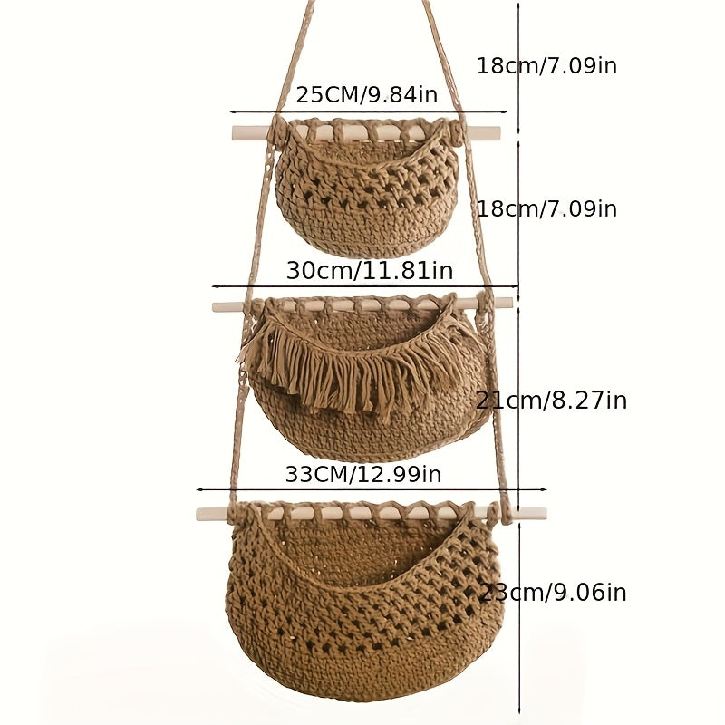 3-Tier Hanging Cotton Rope Basket - Boho Handwoven Wall Storage Organizer for Fruits, Vegetables & Essentials, Farmhouse Decor for Kitchen, Bathroom, Living Room & Bedroom